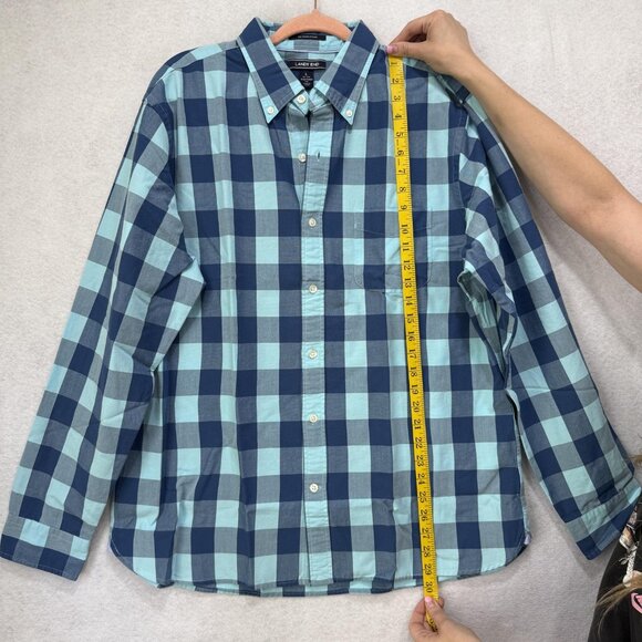 Lands' End Shirt Mens Large Blue Navy Sail Rigger Oxford Plaid Button Down - Picture 2 of 11